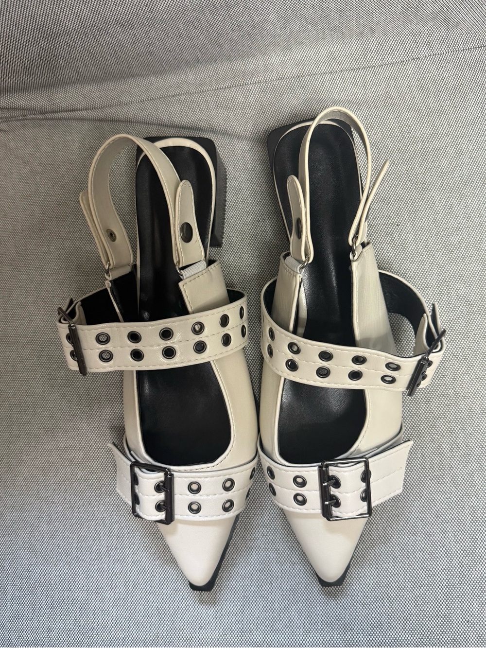 Pointed Slingback Buckle Sandals in Cream with Grommet Straps